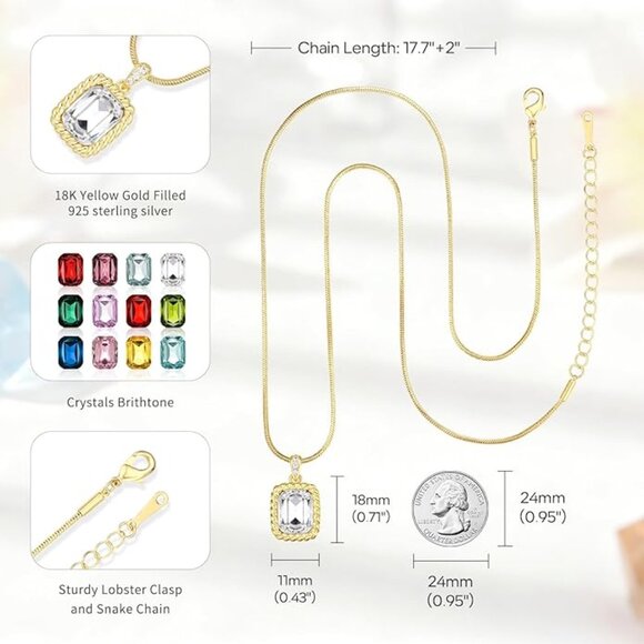 18K Gold-Filled Square Crystal Necklace 925 Sterling Silver NWT - Picture 6 of 6